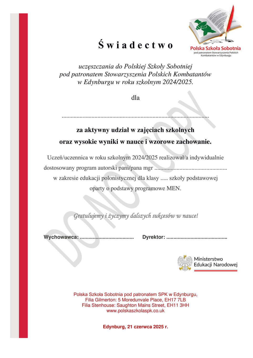 Przykładowe Świadectwo Szkolne